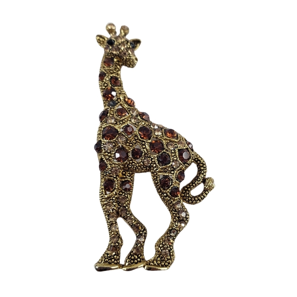 Vintage Giraffe Brooch Pin Rhinestone Brown Rhinestones Gold Tone Retro